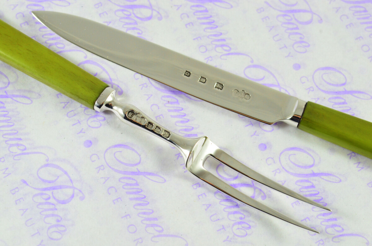 ERNEST J LOWE 6 PAIRS CARVED STAINED IVORY & STERLING SILVER KNIVES & FORKS LONDON 1929 - Image 12