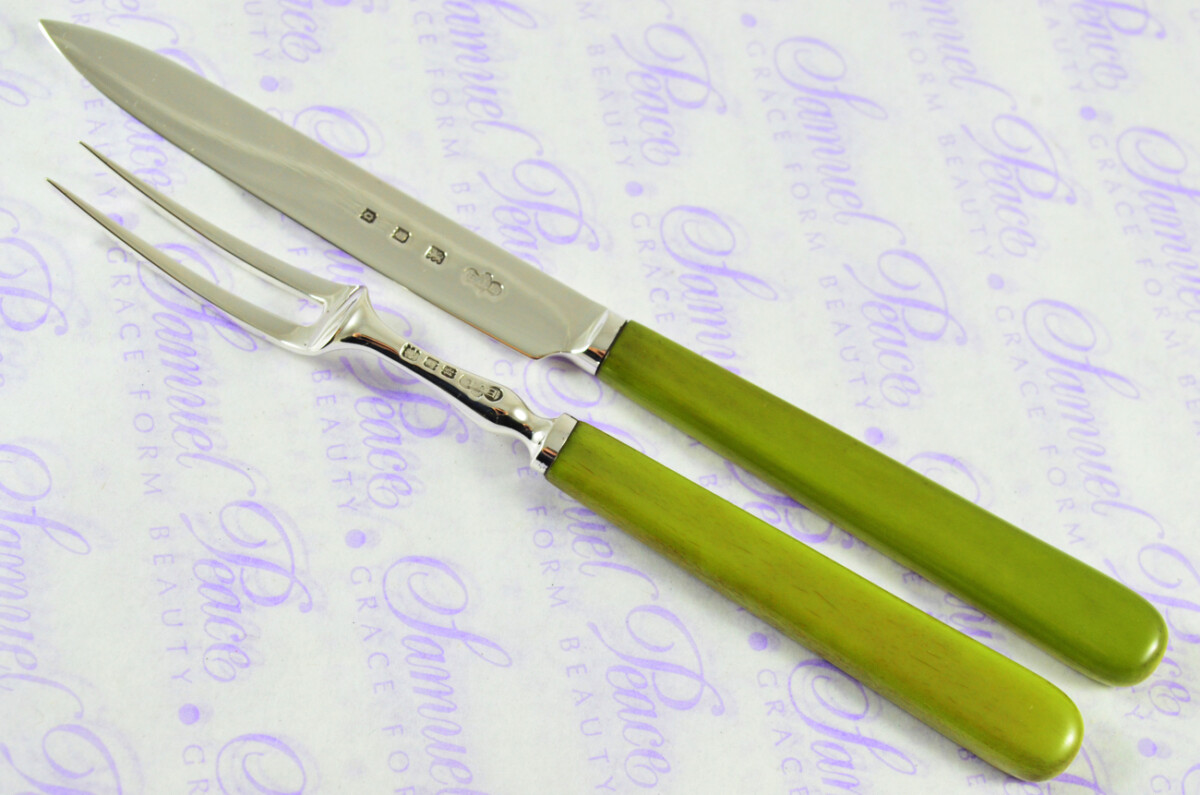 ERNEST J LOWE 6 PAIRS CARVED STAINED IVORY & STERLING SILVER KNIVES & FORKS LONDON 1929 - Image 13