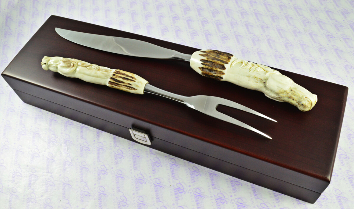 Genuine Stag/Horn/Antler Handled Hand Carved Horses Head 2 Piece Carving Set Cased Made In Sheffield England Unique - Image 2