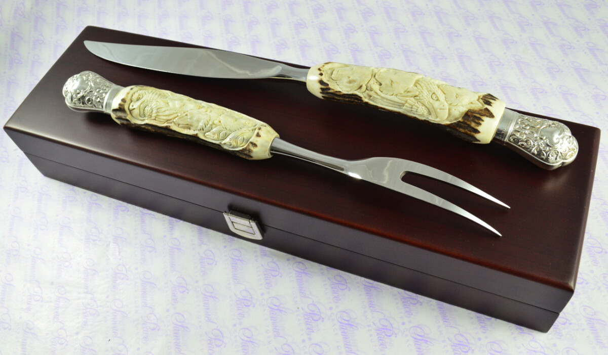 Genuine Stag/Horn/Antler Handled Hand Carved American Indian 2 Piece Carving Set Cased Made In Sheffield England Excellent - Image 2