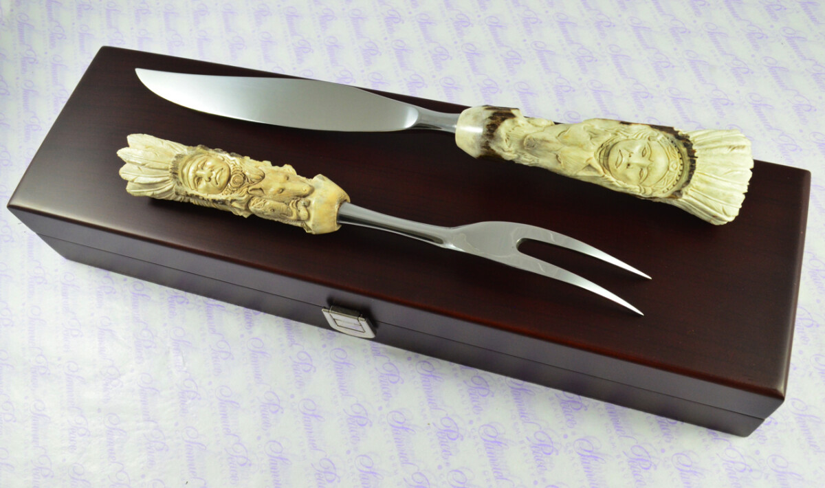 Genuine Stag/Horn/Antler Handled Hand Carved American Indian Piece Carving Set Cased Made In Sheffield England Superb - Image 2