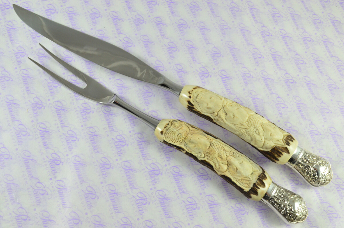 Genuine Stag/Horn/Antler Handled Hand Carved American Indian 2 Piece Carving Set Cased Made In Sheffield England Excellent - Image 3