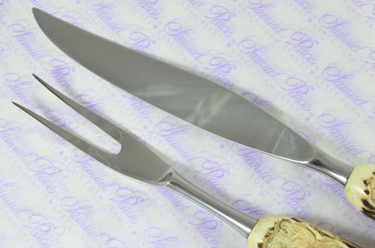 Genuine Stag/Horn/Antler Handled Hand Carved American Indian 2 Piece Carving Set Cased Made In Sheffield England Excellent - Image 7