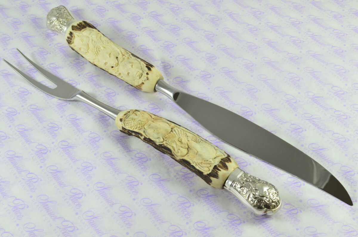 Genuine Stag/Horn/Antler Handled Hand Carved American Indian 2 Piece Carving Set Cased Made In Sheffield England Excellent - Image 8