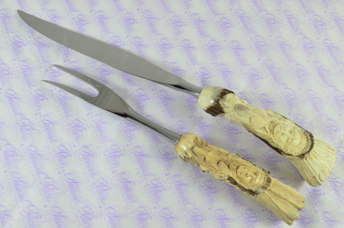 Genuine Stag/Horn/Antler Handled Hand Carved American Indian Piece Carving Set Cased Made In Sheffield England Superb - Image 8