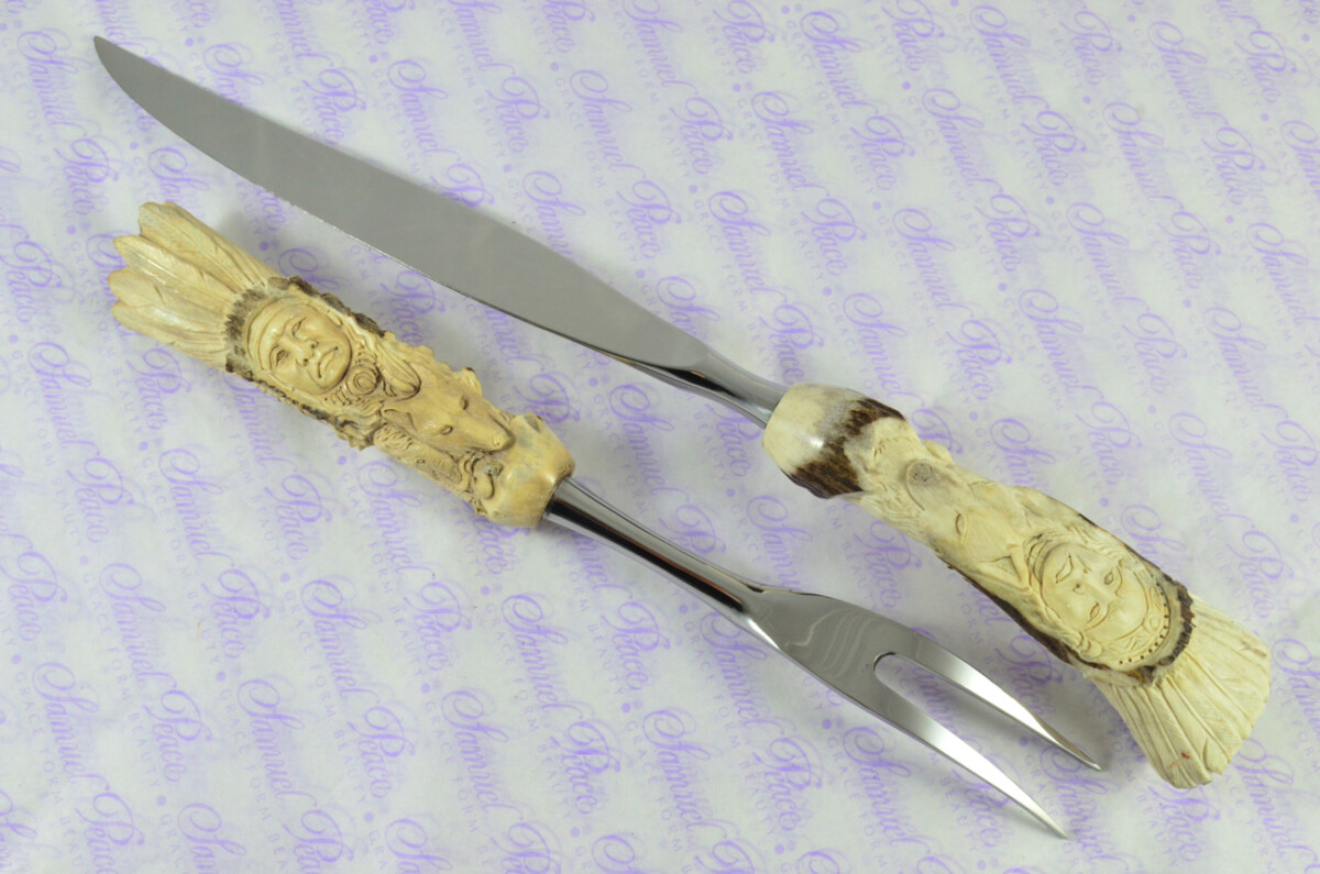 Genuine Stag/Horn/Antler Handled Hand Carved American Indian Piece Carving Set Cased Made In Sheffield England Superb - Image 4