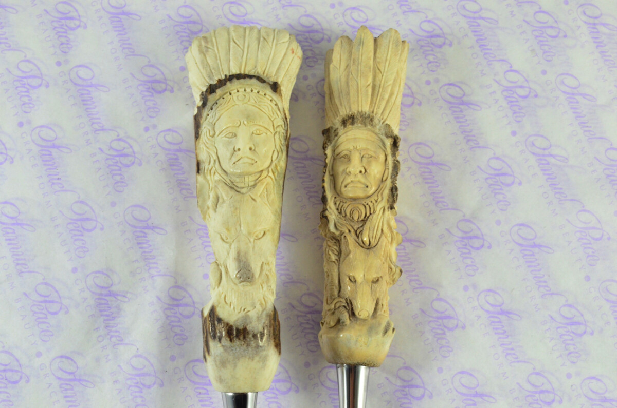 Genuine Stag/Horn/Antler Handled Hand Carved American Indian Piece Carving Set Cased Made In Sheffield England Superb - Image 3