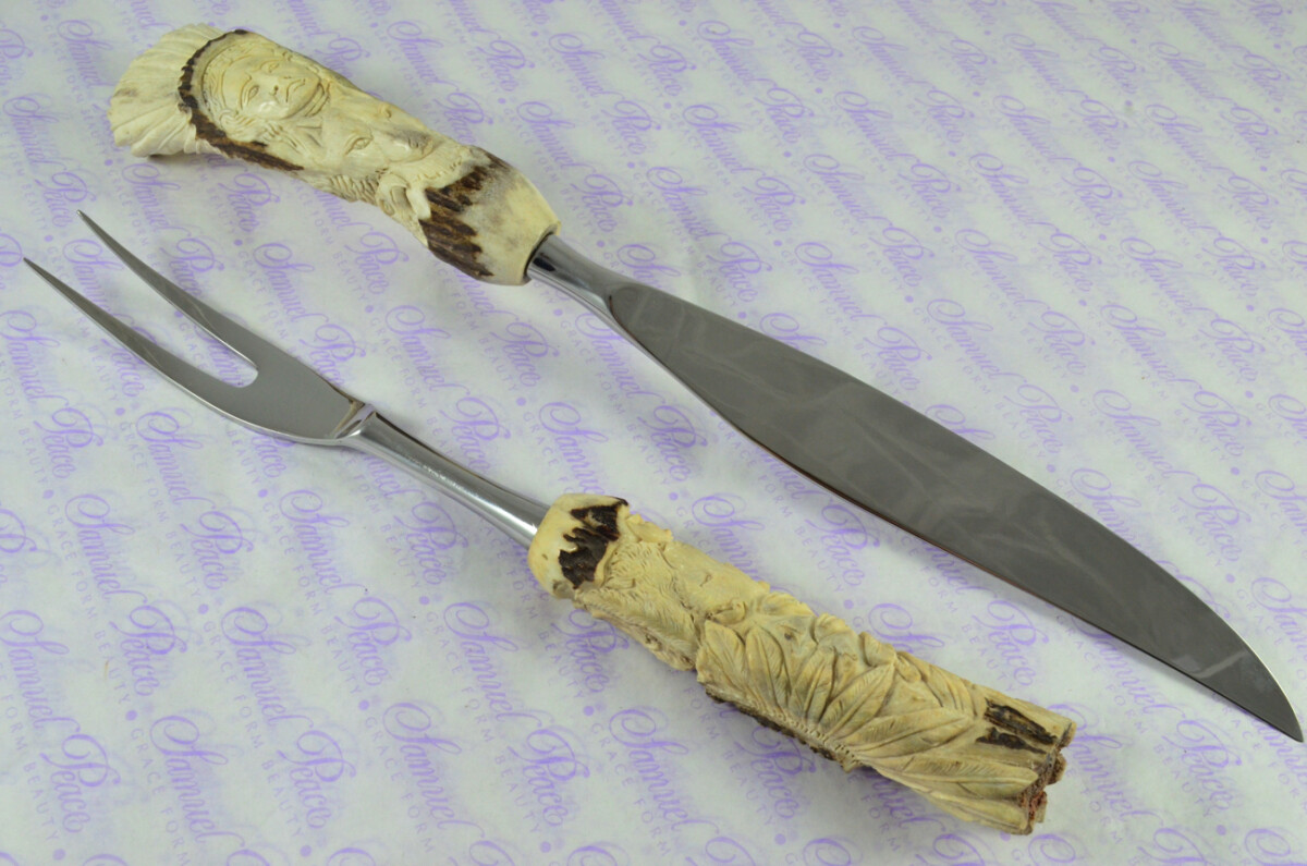 Genuine Stag/Horn/Antler Handled Hand Carved American Indian Piece Carving Set Cased Made In Sheffield England Superb - Image 6