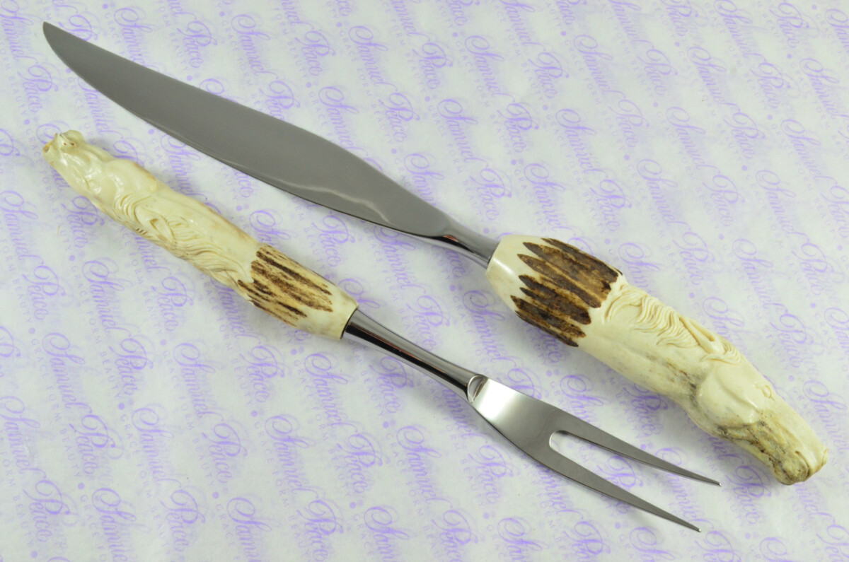 Genuine Stag/Horn/Antler Handled Hand Carved Horses Head 2 Piece Carving Set Cased Made In Sheffield England Unique - Image 3