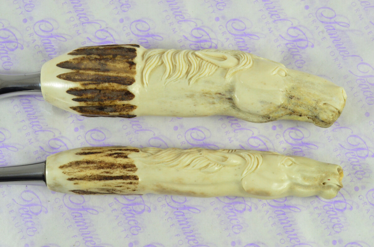 Genuine Stag/Horn/Antler Handled Hand Carved Horses Head 2 Piece Carving Set Cased Made In Sheffield England Unique - Image 4