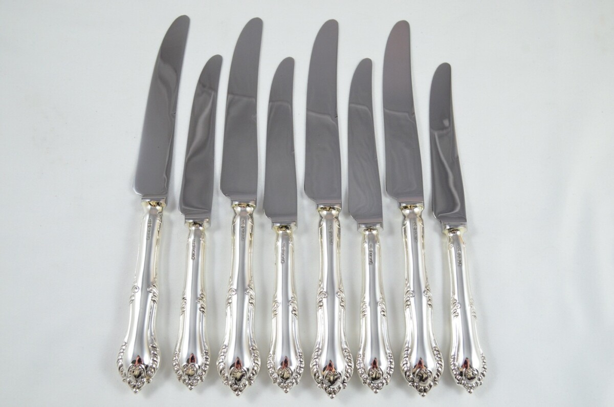 1977 Sterling Silver Chesterfield Pattern Harrods 4 Dinner & 4 Dessert Knives James Dixon & Sons