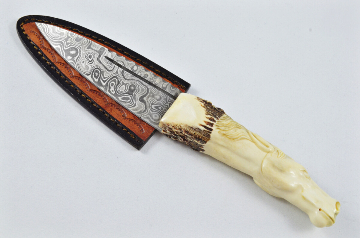 Amazing Bespoke Hand Carved Stallion/Horse Stag Horn Antler Handle Sgian Dubh Damascus Blade Sheffield England - Image 3