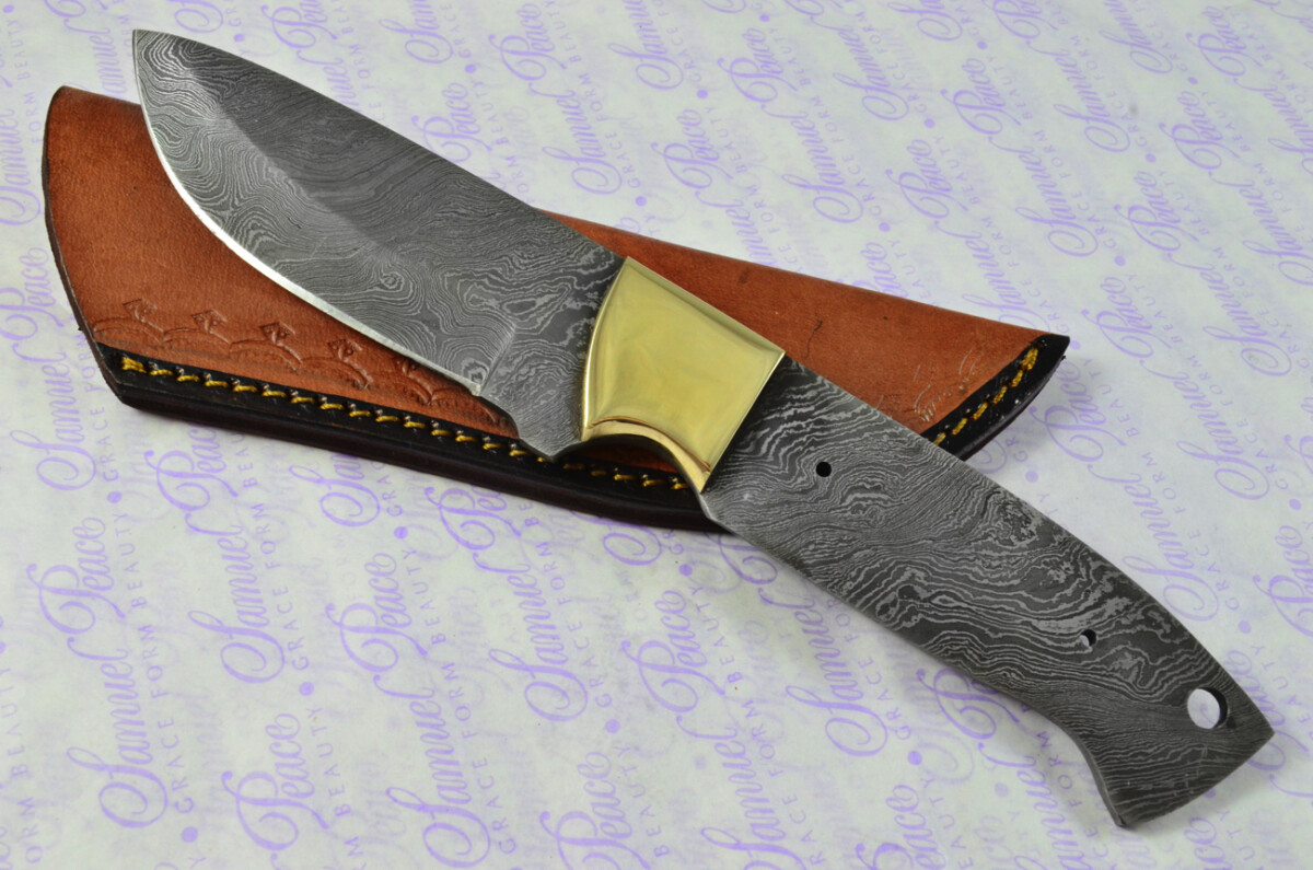 Knife Making Kit! Damascus Steel Bushcraft Knife Laminate Wood Scales Brass Bolster inc Leather Sheath - Image 2