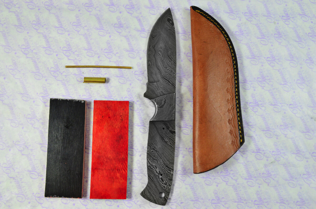 Knife Making Kit! Damascus Steel Bushcraft Knife Laminate Wood Scales Damascus Bolster inc Leather Sheath - Image 8