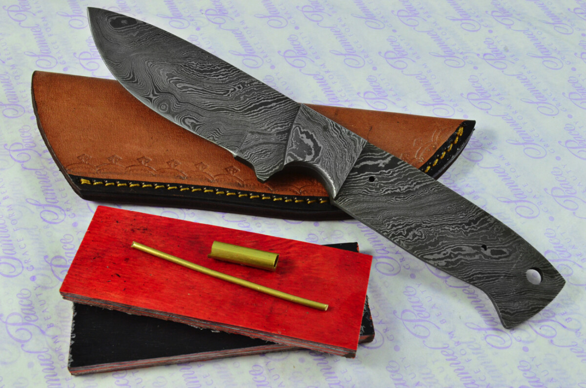 Knife Making Kit! Damascus Steel Bushcraft Knife Laminate Wood Scales Damascus Bolster inc Leather Sheath