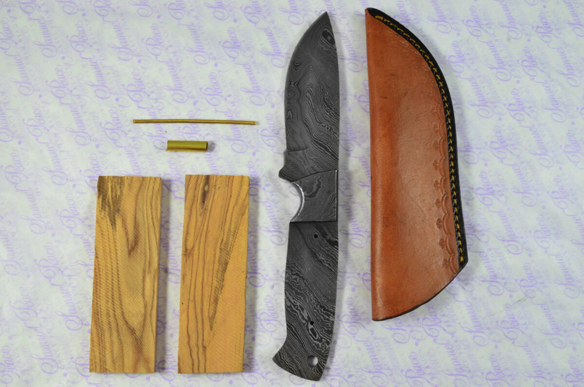 Knife Making Kit! Damascus Steel Bushcraft Knife Olive Wood Scales Damascus Bolster inc Leather Sheath