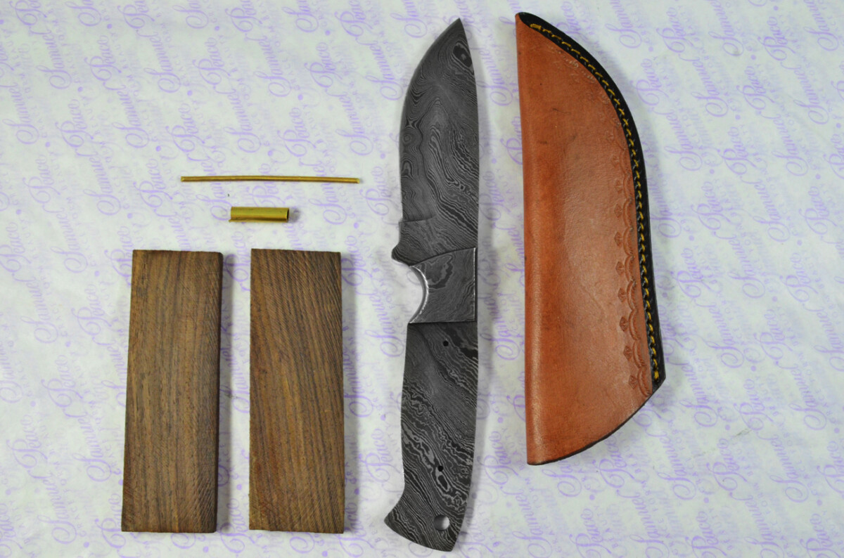 Knife Making Kit! Damascus Steel Bushcraft Knife Rosewood Scales Damascus Bolster inc Leather Sheath - Image 9