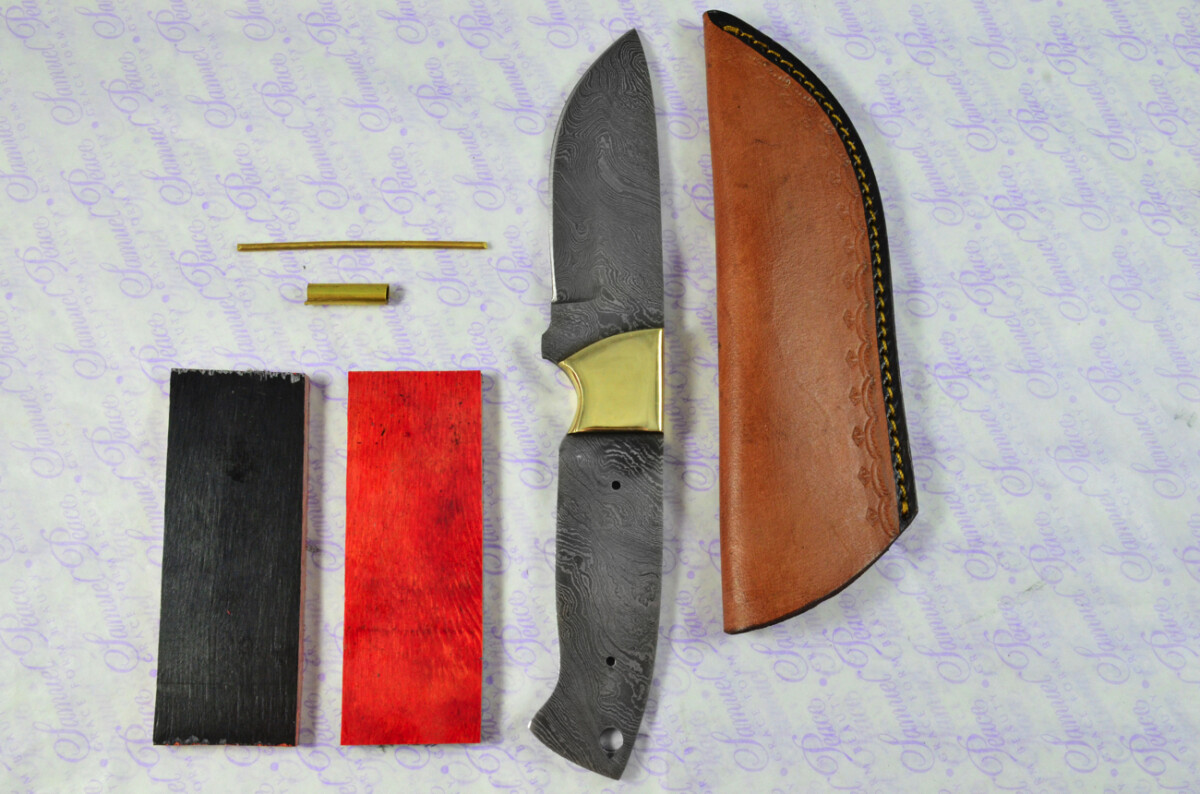 Knife Making Kit! Damascus Steel Bushcraft Knife Laminate Wood Scales Brass Bolster inc Leather Sheath - Image 8
