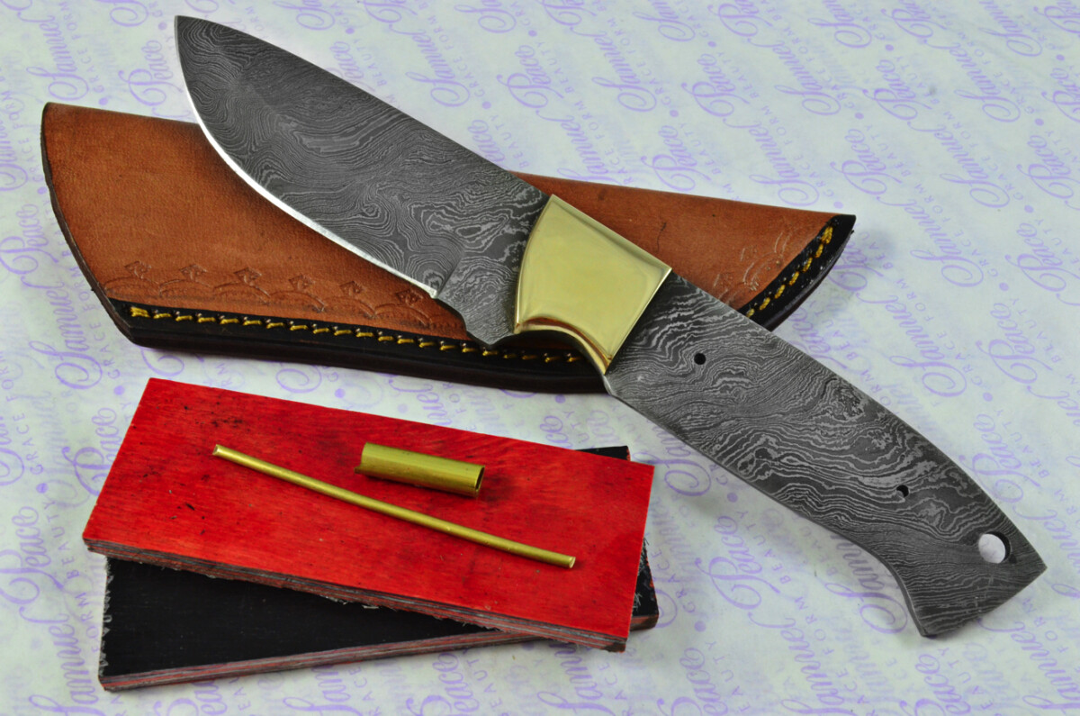 Knife Making Kit! Damascus Steel Bushcraft Knife Laminate Wood Scales Brass Bolster inc Leather Sheath
