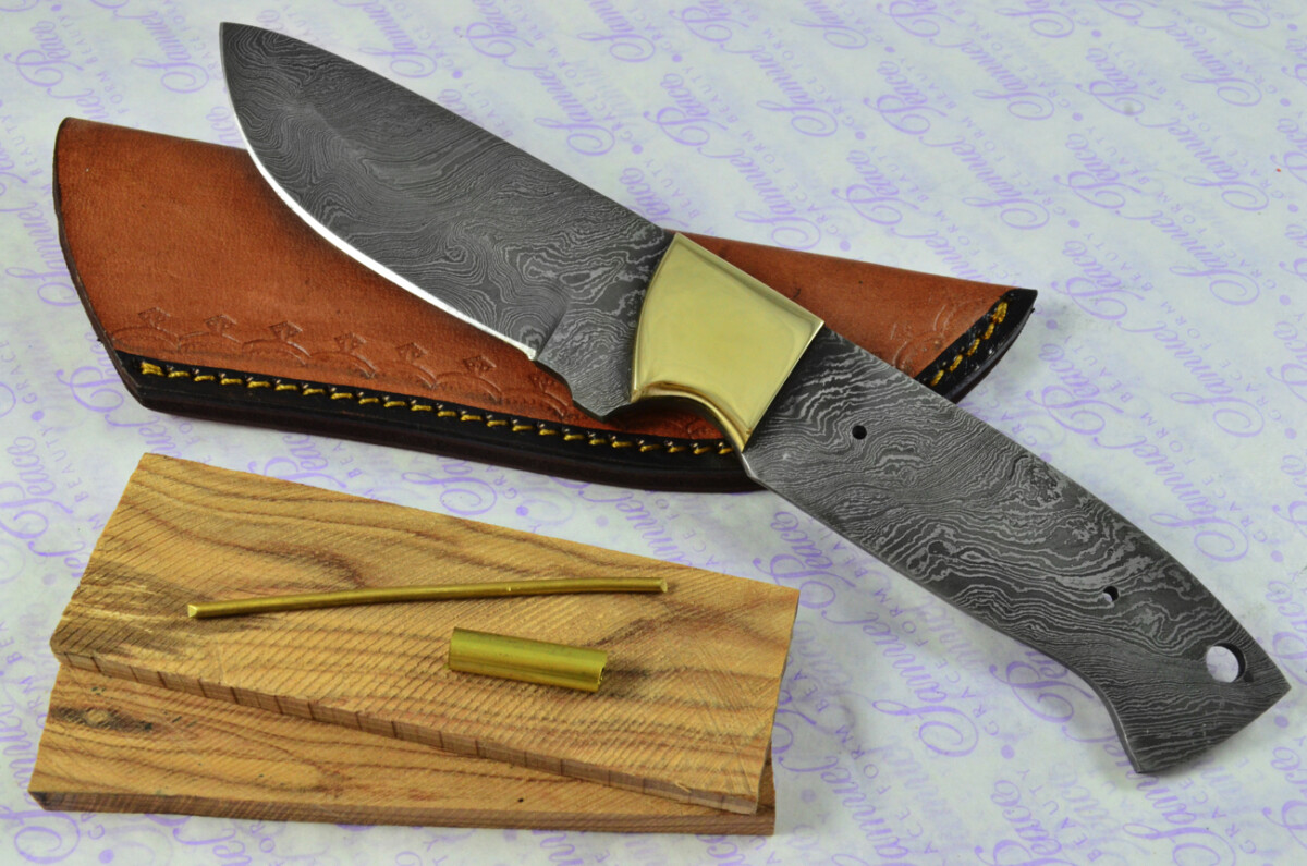 Knife Making Kit! Damascus Steel Bushcraft Knife Olive Wood Scales Brass Bolster inc Leather Sheath