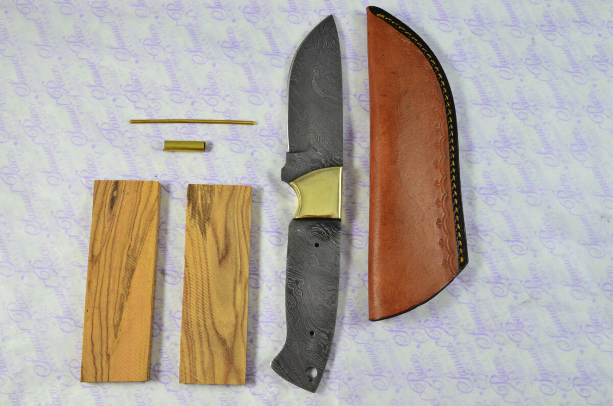 Knife Making Kit! Damascus Steel Bushcraft Knife Olive Wood Scales Brass Bolster inc Leather Sheath - Image 9