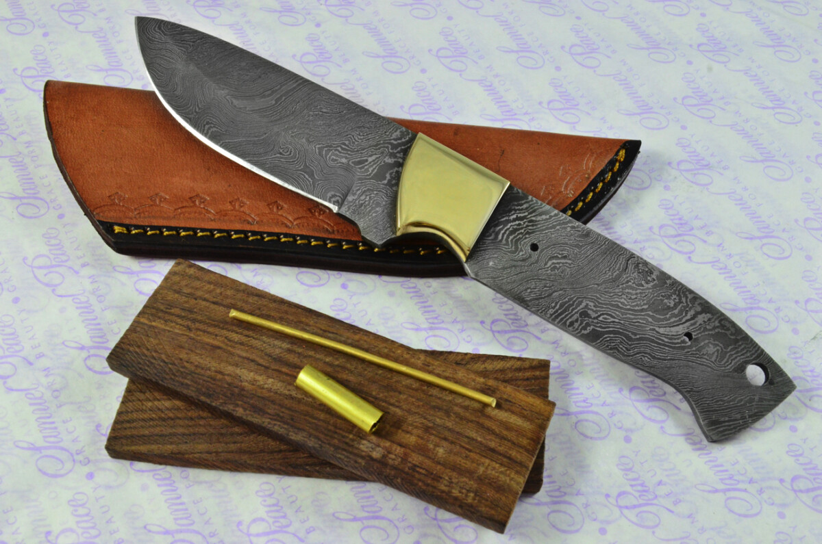 Knife Making Kit! Damascus Steel Bushcraft Knife Rosewood Scales Brass Bolster inc Leather Sheath