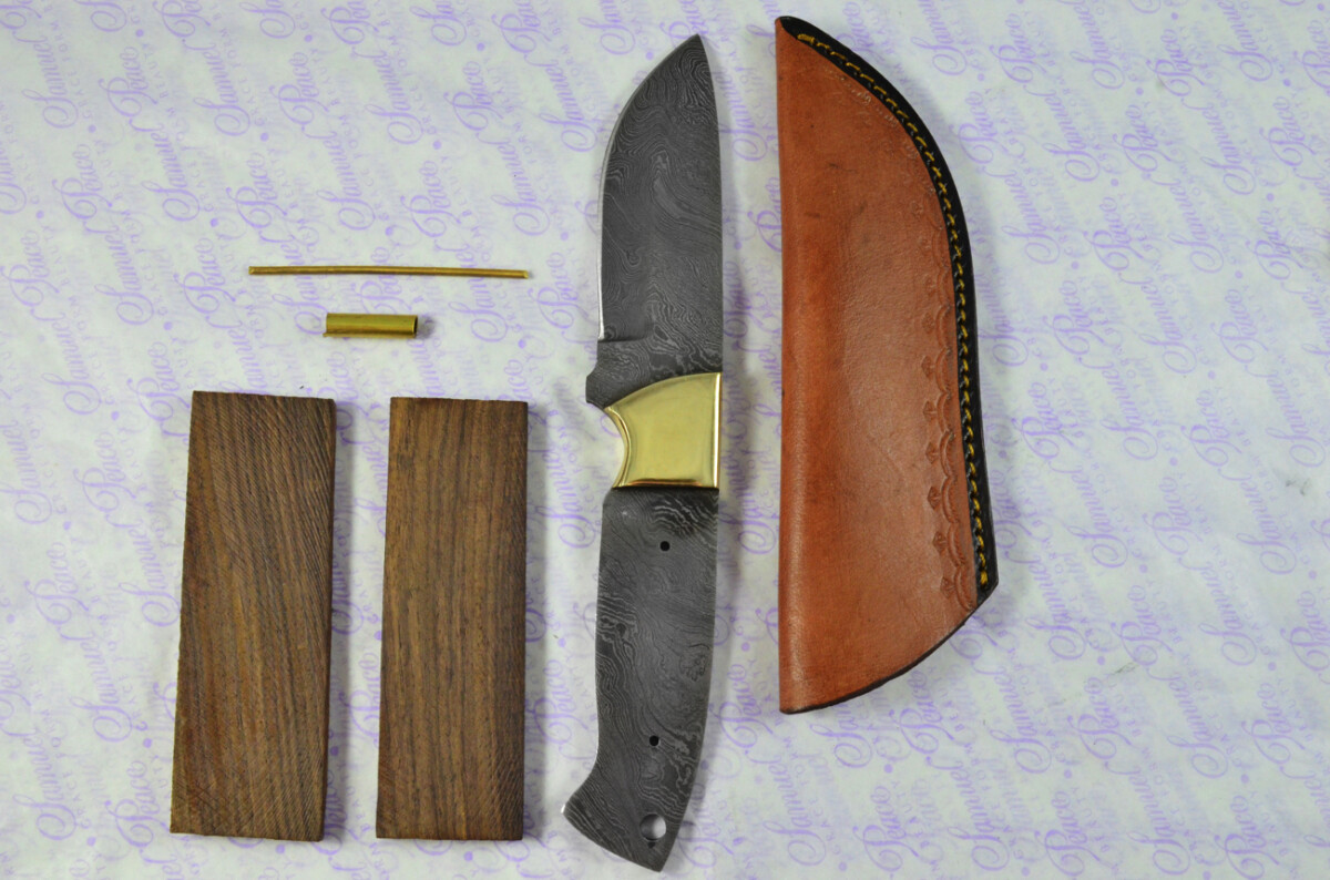 Knife Making Kit! Damascus Steel Bushcraft Knife Rosewood Scales Brass Bolster inc Leather Sheath - Image 9
