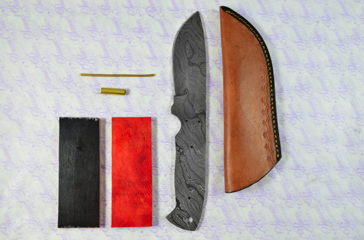 Knife Making Kit! Damascus Steel Bushcraft Knife Laminate Wood Scales inc Leather Sheath - Image 8