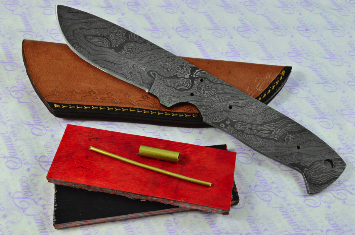 Knife Making Kit! Damascus Steel Bushcraft Knife Laminate Wood Scales inc Leather Sheath
