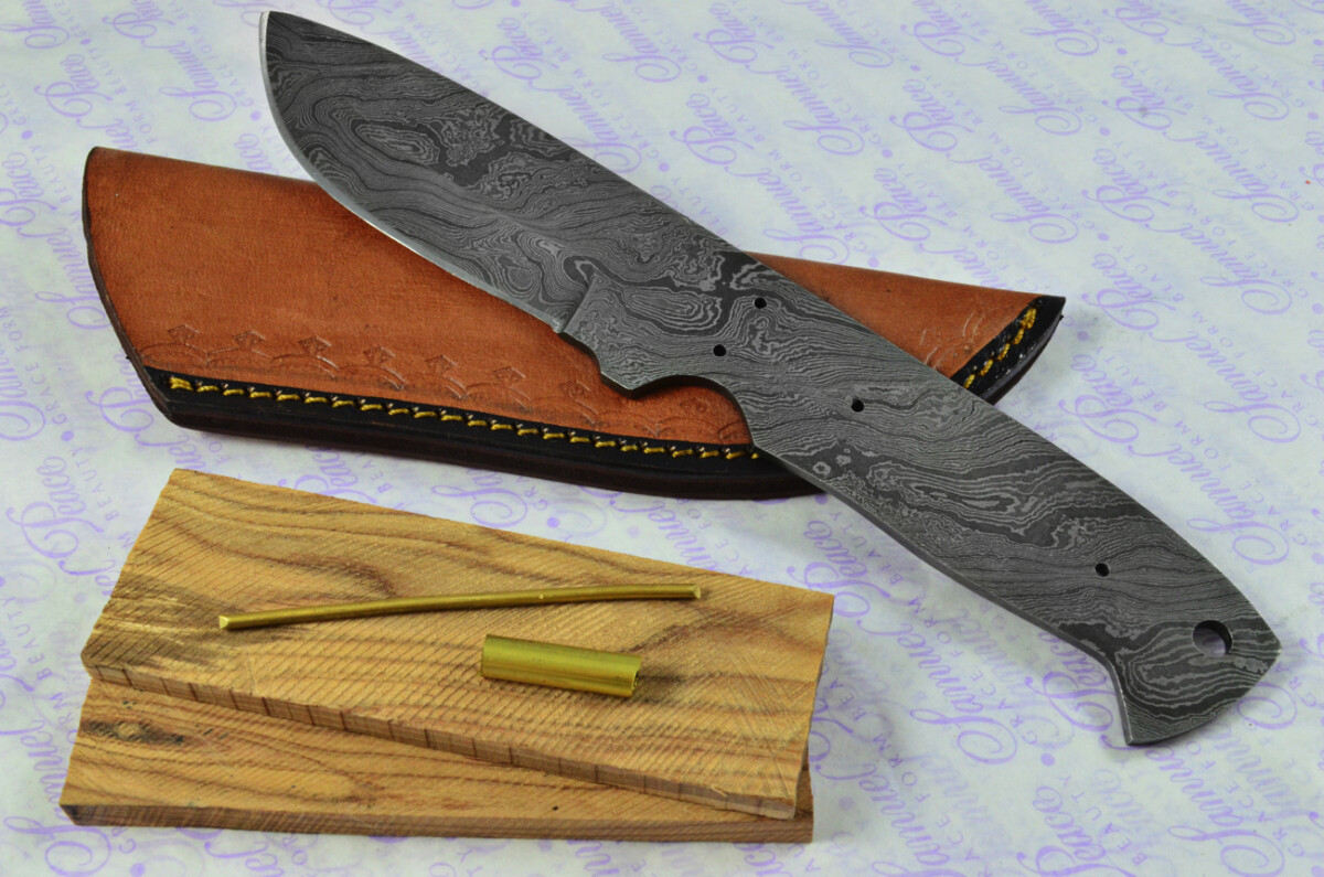Knife Making Kit! Damascus Steel Bushcraft Knife Olive Wood Scales inc Leather Sheath