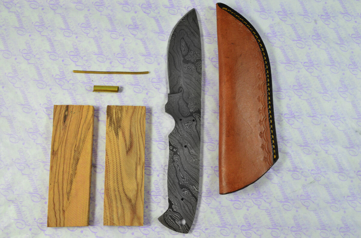 Knife Making Kit! Damascus Steel Bushcraft Knife Olive Wood Scales inc Leather Sheath - Image 9