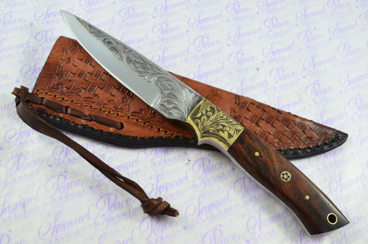 New Fantastic Hand Engraved Carbon 01 Tool Steel Hunting/Bowie Knife Rosewood Scales Unbelievable Piece Pristine inc Leather Sheath
