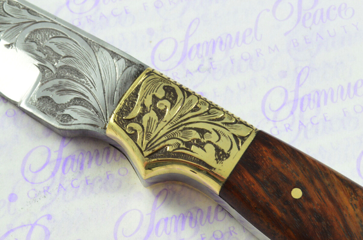 New Fantastic Hand Engraved Carbon 01 Tool Steel Hunting/Bowie Knife Rosewood Scales Unbelievable Piece Pristine inc Leather Sheath - Image 7