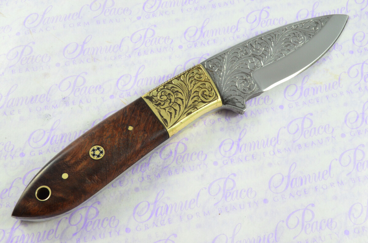 New Fantastic Hand Engraved Carbon 01 Tool Steel Hunting/Bowie Knife Rosewood Scales Unbelievable Piece Pristine inc Leather Sheath - Image 4