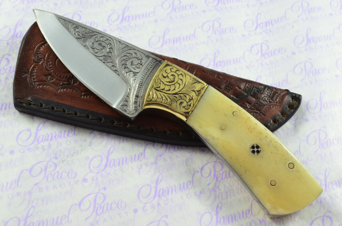 New Fantastic Hand Engraved Carbon 01 Tool Steel Hunting/Bowie Knife Camel Bone Scales Unbelievable Piece Pristine inc Leather Sheath
