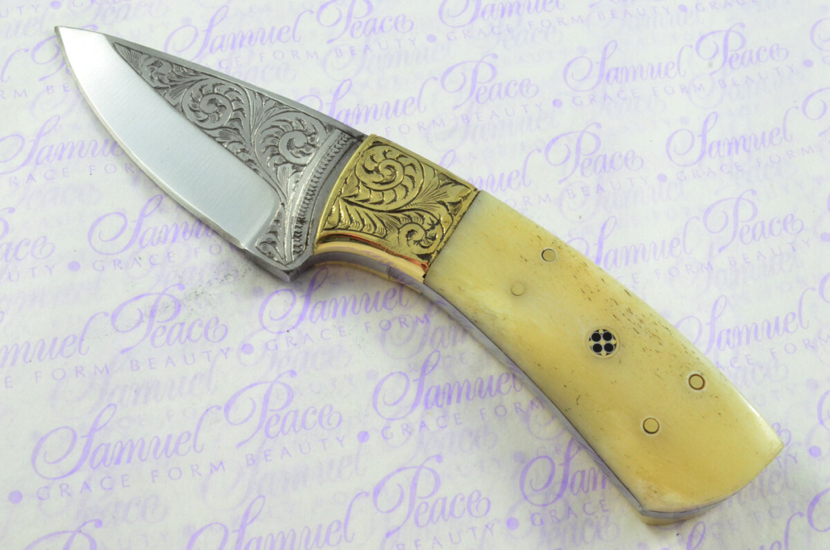 New Fantastic Hand Engraved Carbon 01 Tool Steel Hunting/Bowie Knife Camel Bone Scales Unbelievable Piece Pristine inc Leather Sheath - Image 2