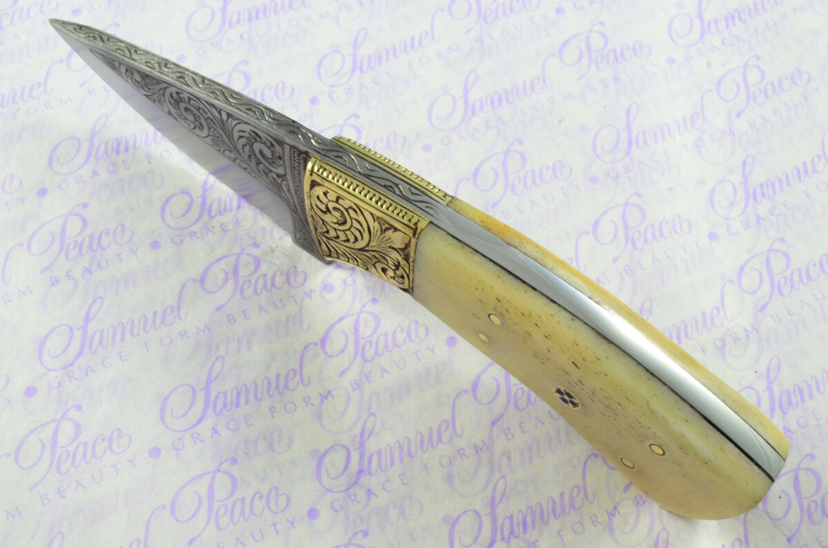 New Fantastic Hand Engraved Carbon 01 Tool Steel Hunting/Bowie Knife Camel Bone Scales Unbelievable Piece Pristine inc Leather Sheath - Image 3