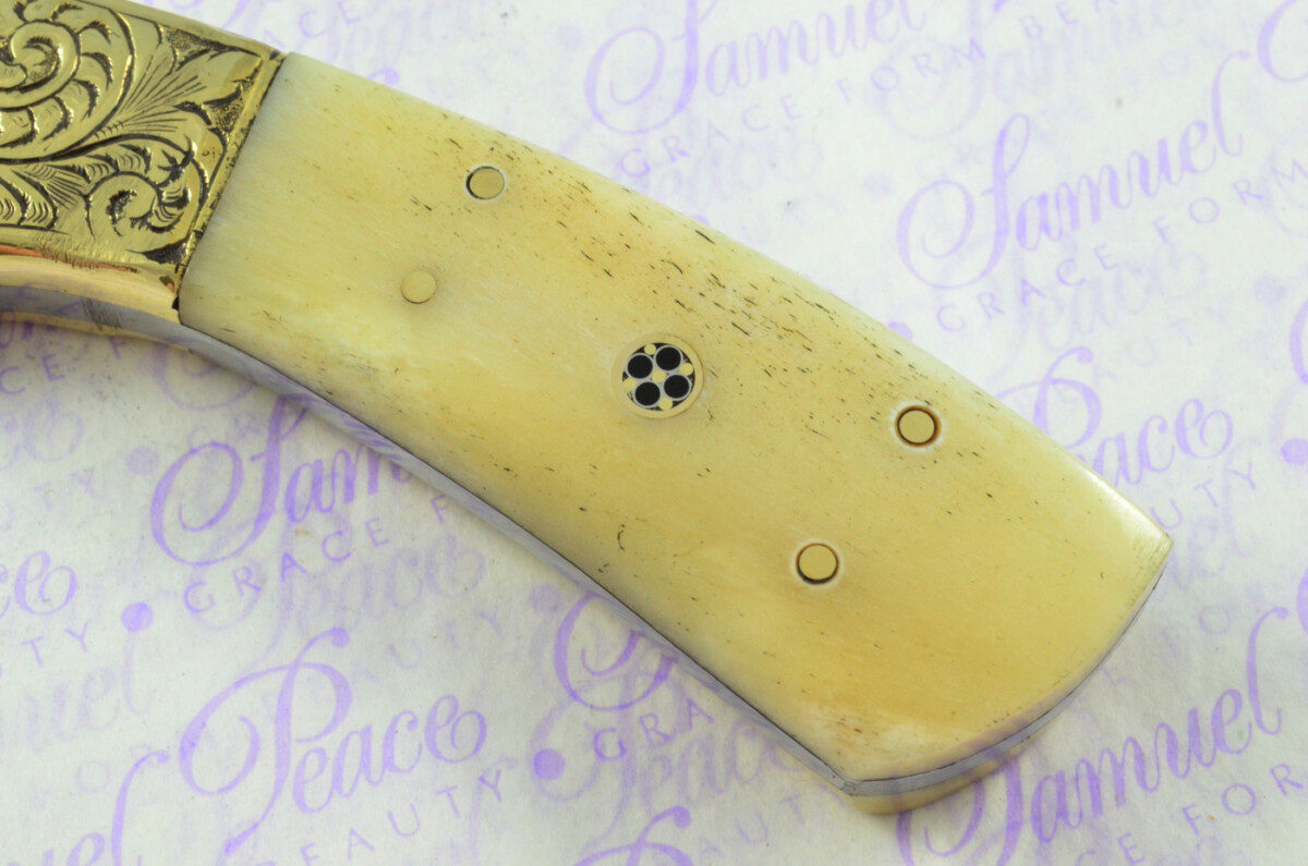 New Fantastic Hand Engraved Carbon 01 Tool Steel Hunting/Bowie Knife Camel Bone Scales Unbelievable Piece Pristine inc Leather Sheath - Image 4