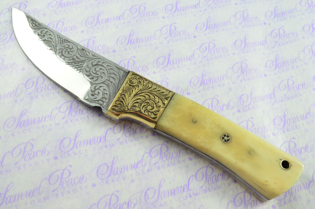 New Fantastic Hand Engraved Carbon 01 Tool Steel Hunting/Bowie Knife Camel Bone Scales Unbelievable Piece Pristine inc Leather Sheath - Image 2