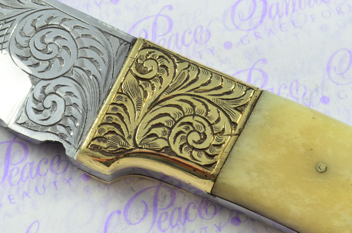 New Fantastic Hand Engraved Carbon 01 Tool Steel Hunting/Bowie Knife Camel Bone Scales Unbelievable Piece Pristine inc Leather Sheath - Image 6