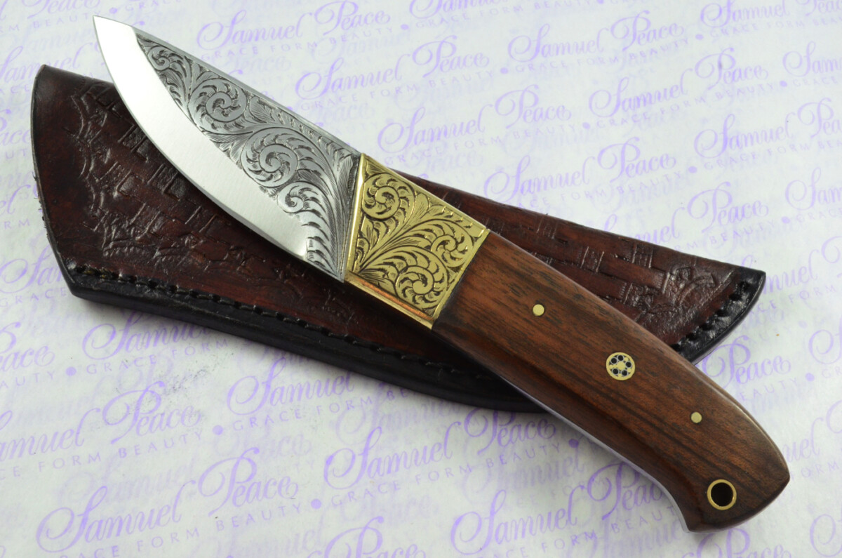 New Fantastic Hand Engraved Carbon 01 Tool Steel Hunting/Bowie Knife Rosewood Scales Unbelievable Piece Pristine inc Leather Sheath