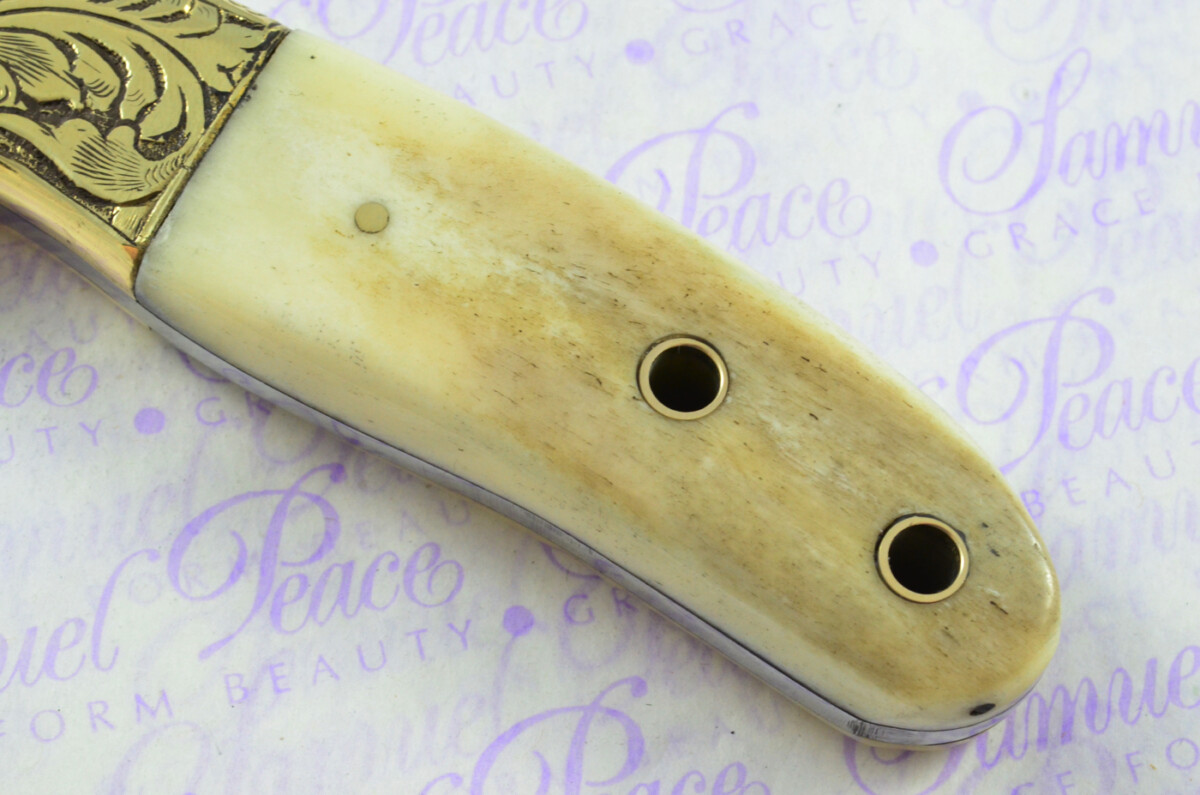 New Fantastic Hand Engraved Carbon 01 Tool Steel Hunting/Bowie Knife Camel Bone Scales Unbelievable Piece Pristine inc Leather Sheath - Image 5