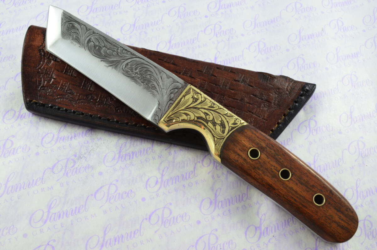New Fantastic Hand Engraved Carbon 01 Tool Steel Hunting/Bowie Knife Rosewood Scales Unbelievable Piece Pristine inc Leather Sheath