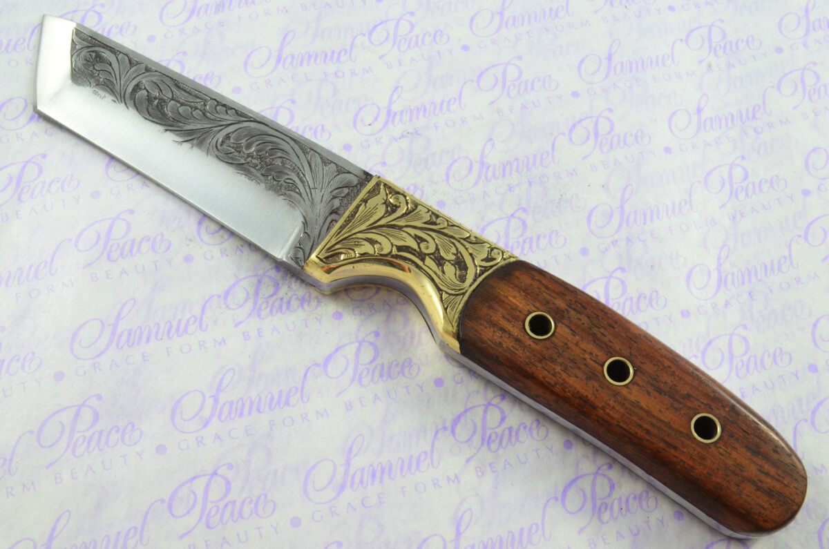 New Fantastic Hand Engraved Carbon 01 Tool Steel Hunting/Bowie Knife Rosewood Scales Unbelievable Piece Pristine inc Leather Sheath - Image 2