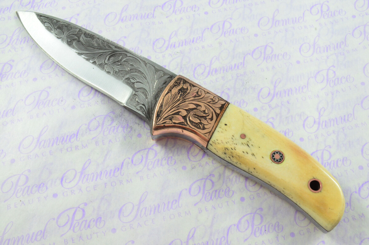 New Fantastic Hand Engraved Carbon 01 Tool Steel Hunting/Bowie Knife Camel Bone Scales Unbelievable Piece Pristine inc Leather Sheath - Image 3