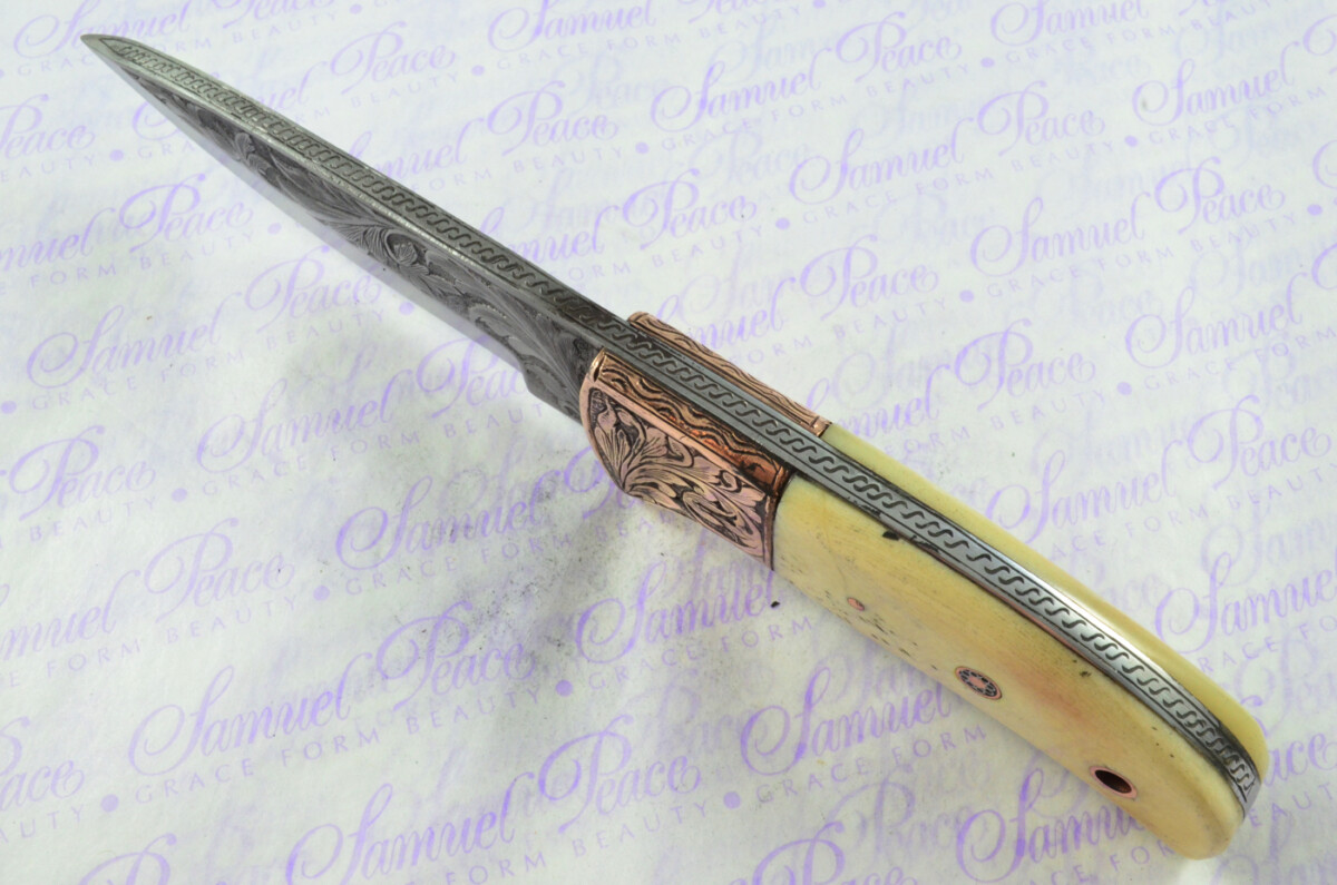 New Fantastic Hand Engraved Carbon 01 Tool Steel Hunting/Bowie Knife Camel Bone Scales Unbelievable Piece Pristine inc Leather Sheath - Image 4