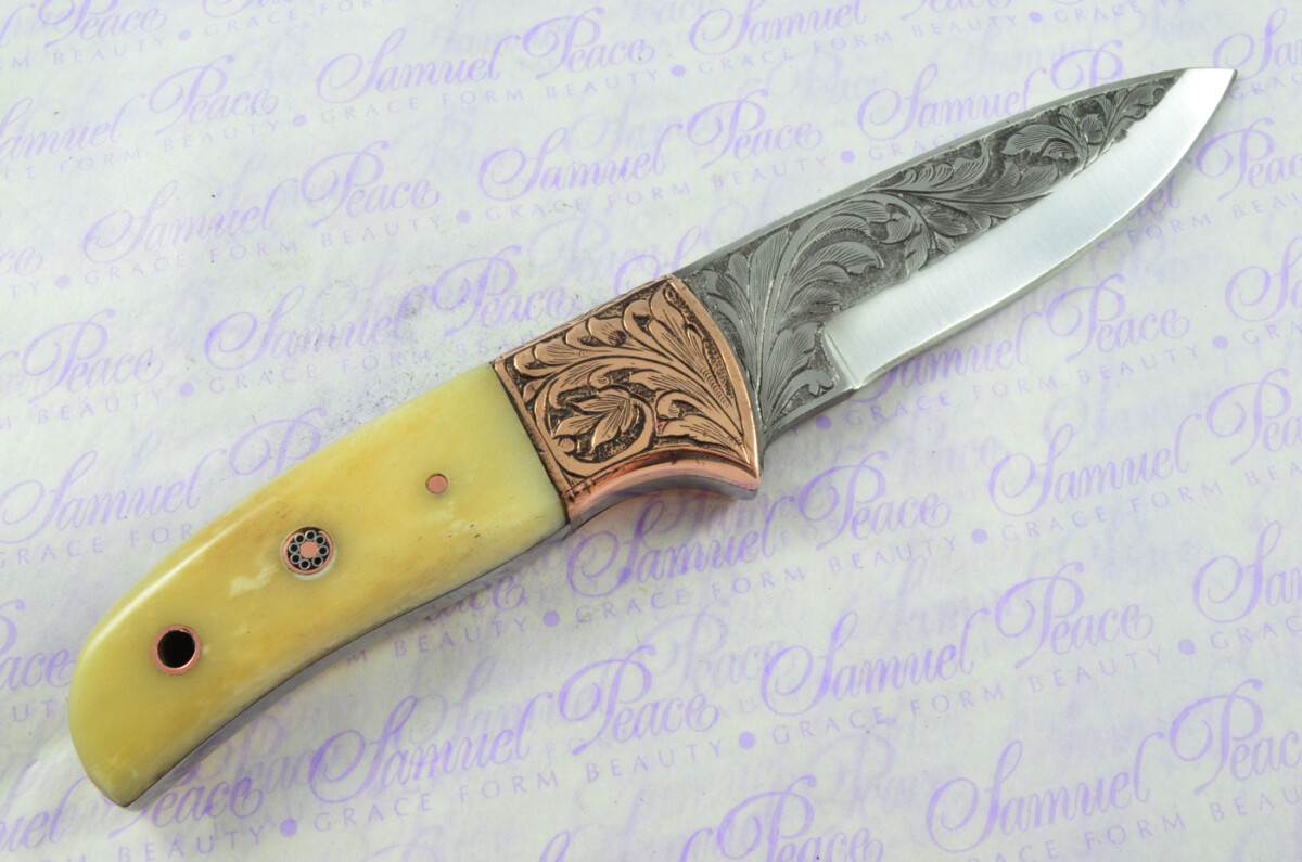New Fantastic Hand Engraved Carbon 01 Tool Steel Hunting/Bowie Knife Camel Bone Scales Unbelievable Piece Pristine inc Leather Sheath - Image 5
