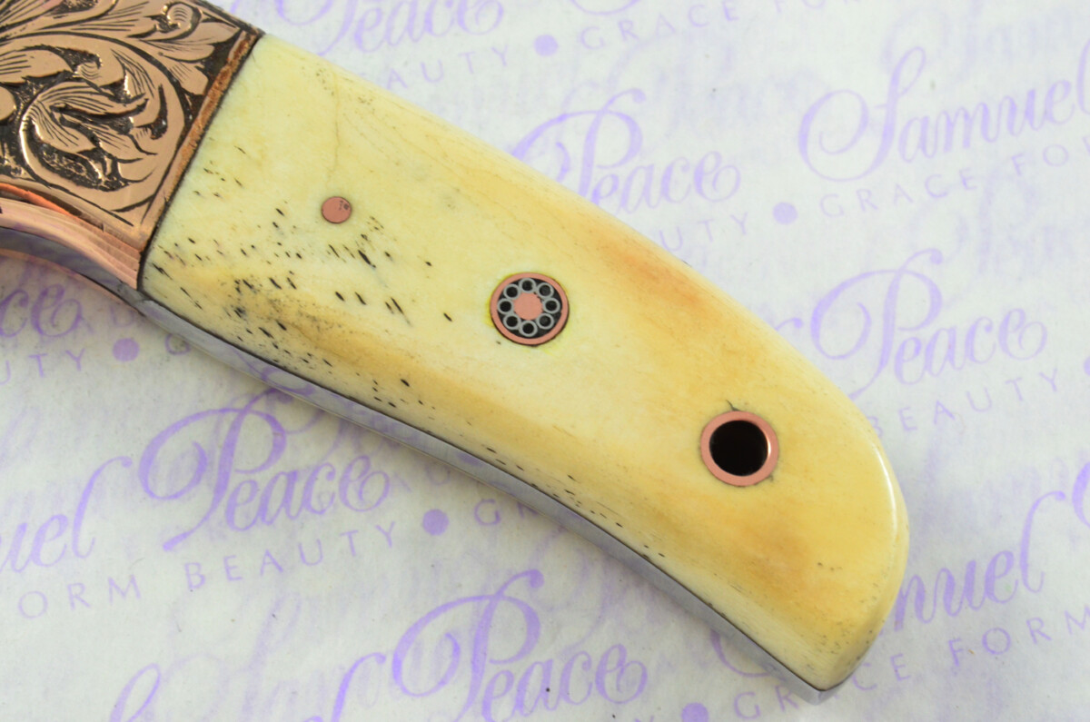 New Fantastic Hand Engraved Carbon 01 Tool Steel Hunting/Bowie Knife Camel Bone Scales Unbelievable Piece Pristine inc Leather Sheath - Image 6