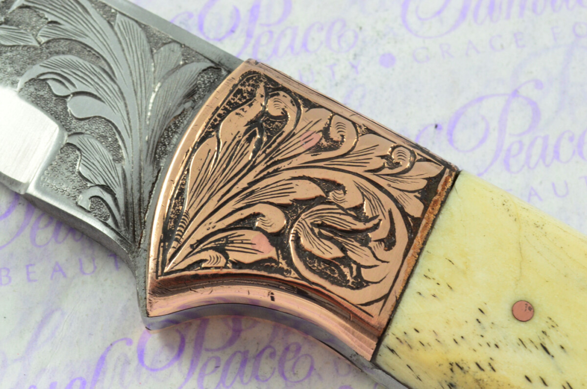 New Fantastic Hand Engraved Carbon 01 Tool Steel Hunting/Bowie Knife Camel Bone Scales Unbelievable Piece Pristine inc Leather Sheath - Image 7