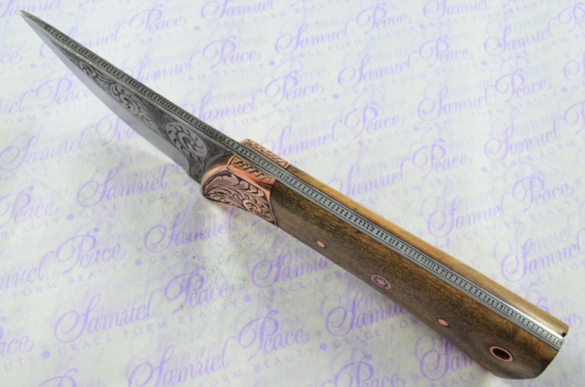 New Fantastic Hand Engraved Carbon 01 Tool Steel Hunting/Bowie Knife Olive Wood Scales Unbelievable Piece Pristine inc Leather Sheath - Image 3